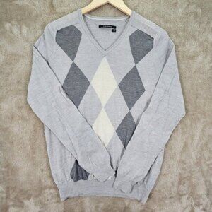 Club Monaco 100% Merino Wool Sweater Argyle Pattern Mens Size L Gray Long Sleeve